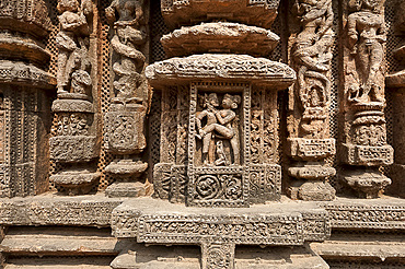 Erotic stone carved work on Konark Sun Temple (Black Pagoda), 13th century Hindu temple built as a massive chariot for the sun god Surya, UNESCO World Heritage Site, Konarak, Odisha, India, Asia