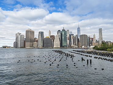 Lower Manhattan financial district skyline and East River, New York City, New York, United States of America, North America