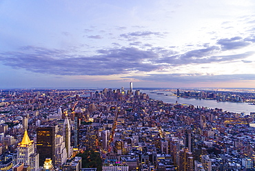 Skyline looking south towards Lower Manhattan at sunset, One World Trade Center in view, Manhattan, New York City, New York, United States of America, North America