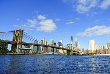 Brooklyn Bridge and Lower Manhattan skyscrapers including One World Trade Center, New York City, New York, United States of America, North America