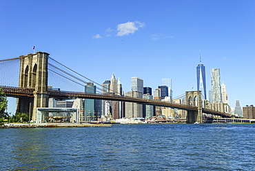 Brooklyn Bridge and Lower Manhattan skyscrapers including One World Trade Center, New York City, New York, United States of America, North America