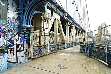 Pedestrian walkway and graffiti, Manhattan Bridge, New York City, New York, United States of America, North America