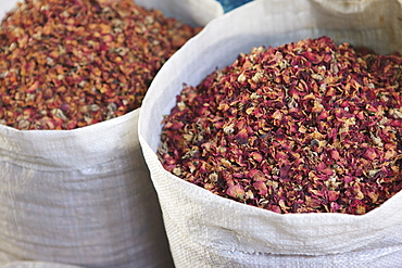 Dried rose petals for sale in the Spice Souk, Deira, Dubai, United Arab Emirates, Middle East