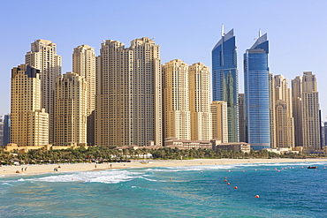 Hotel and apartment buildings along the seafront, Dubai Marina, Dubai, United Arab Emirates, Middle East