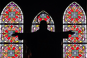 Christ in Glory against stained glass windows, Nha Trang Cathedral, Nha Trang, Vietnam, Indochina, Southeast Asia, Asia