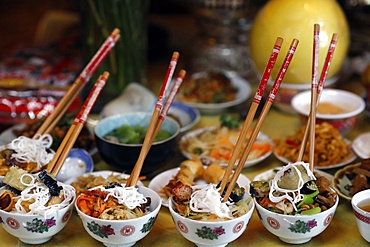 Vegetarian offerings, Ancestor altar, Tu An Buddhist temple, Haute-Savoie, France, Europe