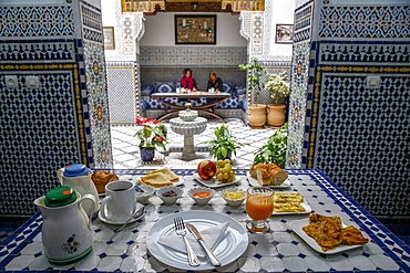 Breakfast in a riad in Fes medina (old city), Fez, Morocco, North Africa, Africa