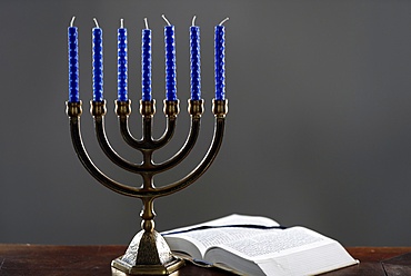 Open Torah and the Menorah (Seven-lamp Hebrew lampstand), symbol of Judaism since ancient times, France, Europe