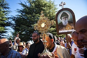 Lebanese Christians marching during a procession in the town of Annaya from the Hermitage to the Monastery of Saint Maroun, Annaya, Lebanon, Middle East