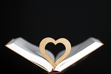 Wooden heart sculpture with a Bible, France, Europe