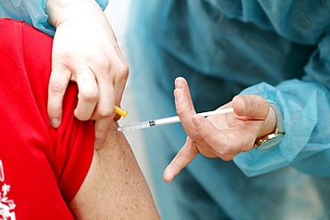 COVID-19 vaccination center, man receiving Covid 19 vaccination, Saint-Gervais, France, Europe