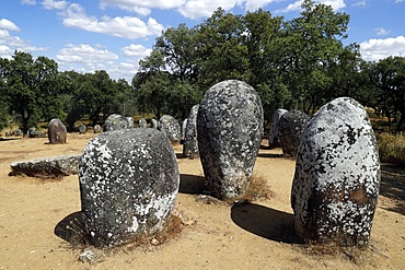 The Cromlech of the Almendres, a megalithic complex, one of largest existing group of structured menhirs in Europe, Evora, Alentejo, Portugal, Europe