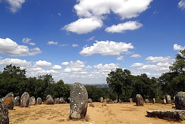 The Cromlech of the Almendres, a megalithic complex, one of largest existing group of structured menhirs in Europe, Evora, Alentejo, Portugal, Europe