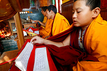 Monks at ceremony with Tibetan Buddhist prayer book in Sanskrit, Ganesh Saraswati Buddhist Temple, Kathmandu, Nepal, Asia