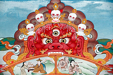 The wheel of life (the bhavacakra), a symbolic representation of samsara, Yama, the god of death, Pema Osel Ling Monastery, Dakshinkali, Kathmandu, Nepal, Asia