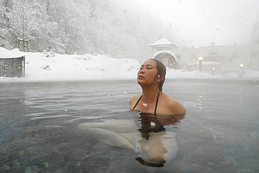 Saint-Gervais Mont-Blanc thermal spa, woman enjoying spa and wellness treatment in winter, Haute Savoie, France, Europe