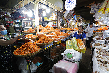 Traditional Asian fish market stall full of dried shrimps, Phnom Penh, Cambodia, Indochina, Southeast Asia, Asia