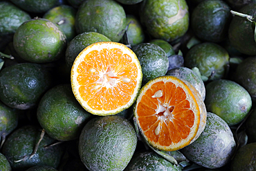 Green Pursat-oranges, a special variety of orange at a market, Tan Chau, Vietnam, Indochina, Southeast Asia, Asia