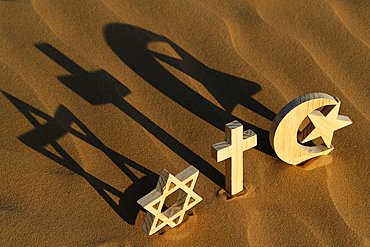 Religious symbols of Catholicism, Islam, Judaism, interreligious spirituality concept, United Arab Emirates, Middle East