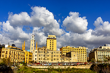 Saint George Maronite Cathedral spire and neighboring buildings, Beirut, Lebanon, Middle East