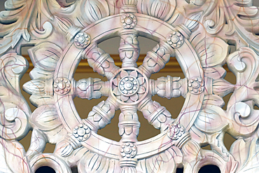 Dharma Wheel (Dharmachakra), the Buddhist eight-fold path illustrated in a wheel, Ba Vang Buddhist Temple, Uong Bi, Vietnam, Indochina, Southeast Asia, Asia