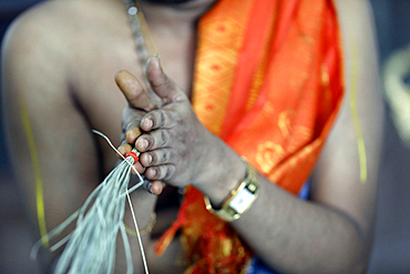 Sri Srinivasa Perumal Hindu temple, Hindu priest (Brahmin) performing puja ceremony and rituals, Singapore, Southeast Asia, Asia