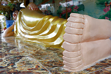 Life of Buddha, Siddhartha Gautama, Reclining Buddha, passing into Parinirvana after 45 years of teaching the Dharma, Long Duc Buddhist temple, Tan Chau, Vietnam, Indochina, Southeast Asia, Asia