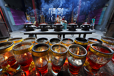 The Thien Hau Temple, the most famous Taoist temple in Cholon, red candles and incense sticks on joss stick pot burnt to pay respect to the Buddha, Ho Chi Minh City, Vietnam, Indochina, Southeast Asia, Asia