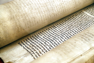 Close-up detail of traditional old Torah scroll book, Jewish Museum of Florida, Miami Beach, Florida, United States of America, North America