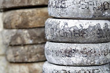 Traditional French cheese, Tomme de Savoie, mountain cheese for sale at market, France, Europe