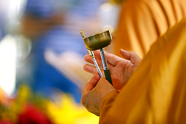 Nun at Buddhist ceremony sounding Buddhist brass bell, Tu An Buddhist temple, Saint Pierre en Faucigny, Haute-Savoie, France, Europe