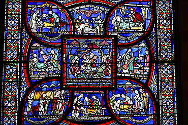 Stained glass detail of the Plague in the House of Jordan Fitz-Eisulf, Becket miracle window, Trinity Chapel ambulatory, Canterbury Cathedral, UNESCO World Heritage Site, Canterbury, Kent, England, United Kingdom, Europe