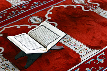 Open Quran in Arabic on wood stand, Symbol of Islam, Mubarak Mosque, Chau Doc, Vietnam, Indochina, Southeast Asia, Asia