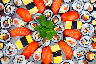 Different Japanese rolls and sushi on a plate, Japanese food, France, Europe