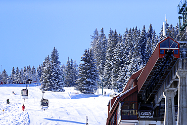 French Alps in winter, famous ski station, Saint Gervais Mont-Blanc village, Saint Gervais, Haute Savoie, France, Europe