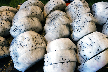 Fresh fruits in a restaurant buffet. Dragon fruit. Ho Chi Minh City. Vietnam.