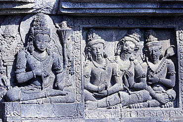 Prambanan 9th century Hindu temple. Bas-reliefs telling the story of the Hindu epic Ramayana and Bhagavata Purana. Java. Indonesia.