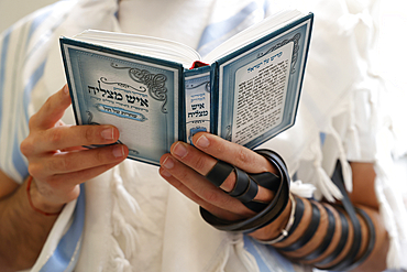 Celebration of Purim festival at Beth Loubavitch synagogue, Montrouge, France. Faithful holding book and wearing phylacteries