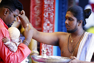 Hindu temple and shrine of Batu Caves. Hindu priest performing prayer service or Puja. Kuala Lumpur. Malaysia.