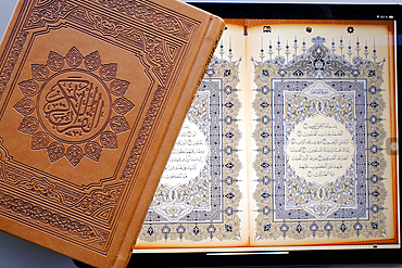 Islam. Religious text. The Quran consists of over 6000 verses organized in 114 capters, so called Surahs. Paper and digital quran.