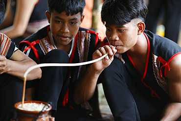 Traditional ceremony in a Bahnar ethnic village in the Kontum region. Festive meal with a jar containing fermented rice alcohol. Kontum. Vietnam.