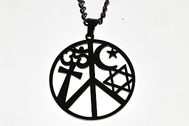 Pendant with symbols of major religions. Christianity, Judaism, Hinduism. Cross, Star of David, crescent and Om. Symbol of peace and interfaith dialogue.