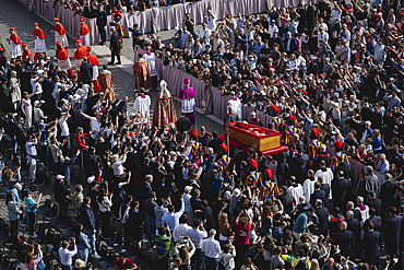 Pallbearers carry the coffin of the late Pope from the chapel of Santa Marta to St. Peter's Basilica in the Vatican on April 23, 2025.