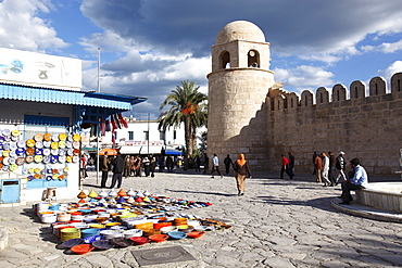 Pottery shop display outside the Great Mosque, Place de la  Grande Mosque, Medina, Sousse, Tunisia, North Africa, Africa