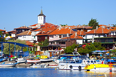 Tower of the Church of the Virgin Mary above the Old Town and Harbour, Nessebar, Black Sea, Bulgaria, Europe