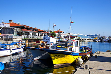 Boats and restaurants along the harbour quay, Nessebar, Black Sea, Bulgaria, Europe