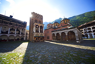 Courtyard, Church of the Nativity and Hrelyo's Tower, Rila Monastery, UNESCO World Heritage Site, nestled in the Rila Mountains, Bulgaria, Europe