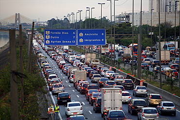 View over the Marginale of Sao Paulo, Ayrton Senna highway at rush hour, Sao Paulo, Brazil, South America