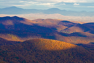 Sunset over colourful foliage in the Indian summer, Blue Ridge Mountain Parkway, North Carolina, United States of America, North America