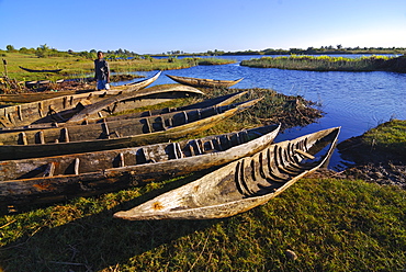 Canoes by the Manakara River, part of the Pangalanes Canal system, Manakara, Madagascar, Indian Ocean, Africa